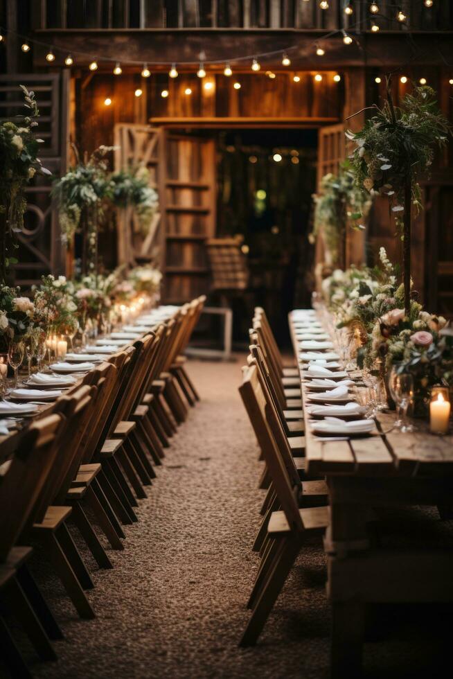 Rustic barn venue adorned with string lights and greenery photo