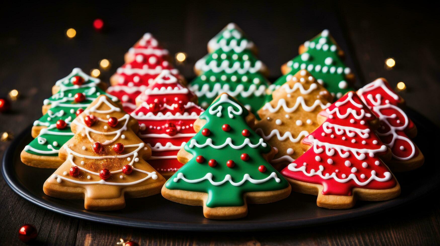 Colorful sugar cookies shaped like Christmas trees and reindeer photo