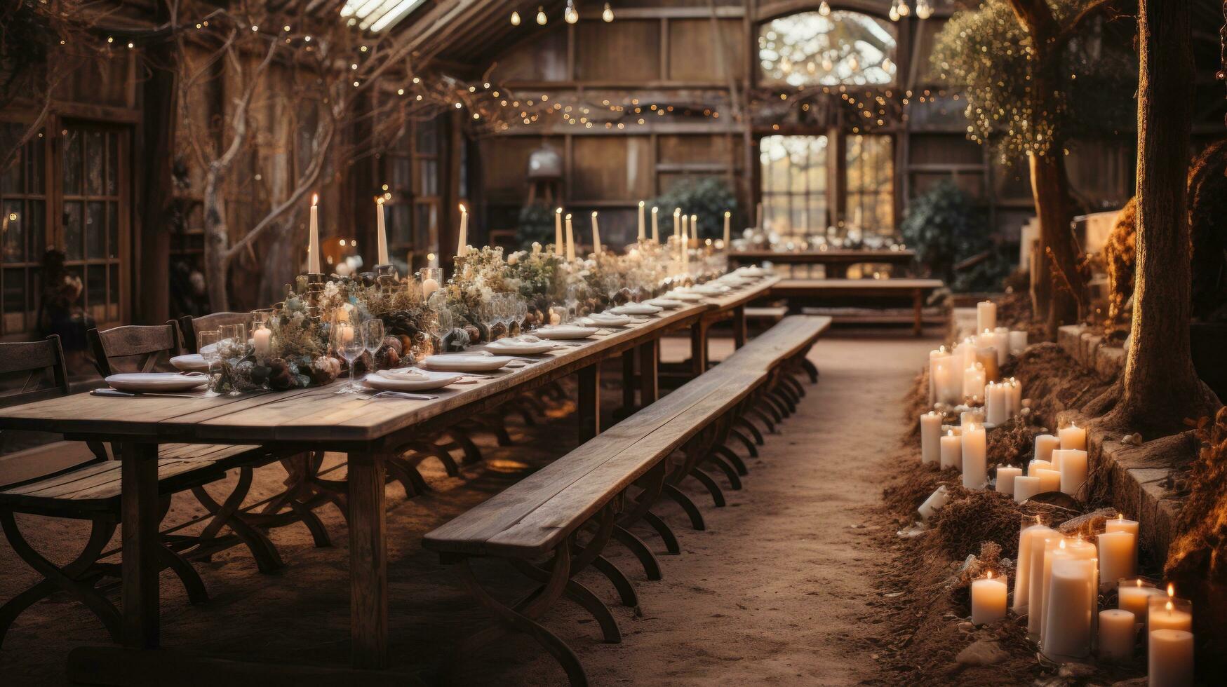Rustic barn venue adorned with string lights and greenery photo