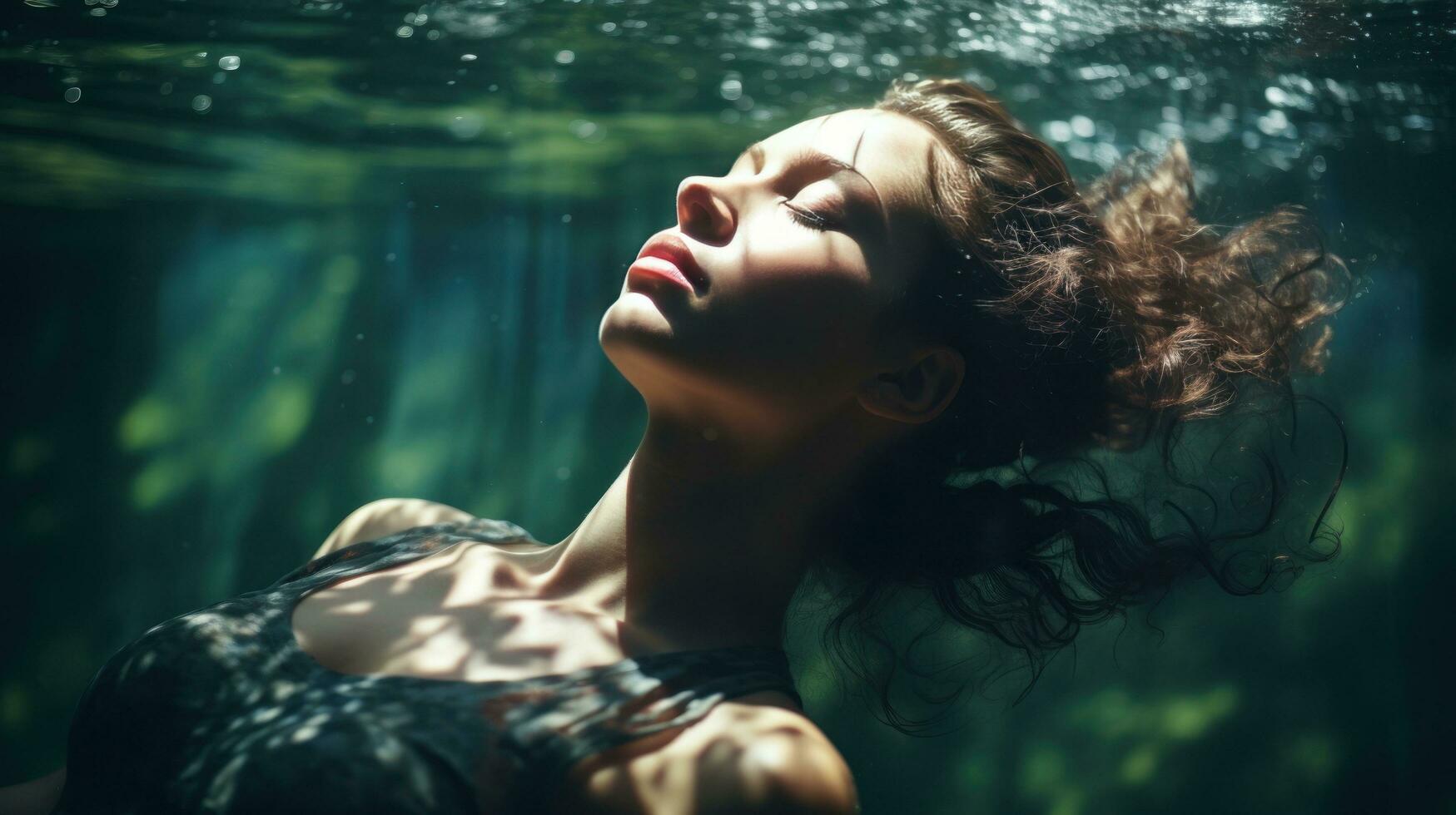 Peaceful image of a woman floating on her back in a tranquil lake photo