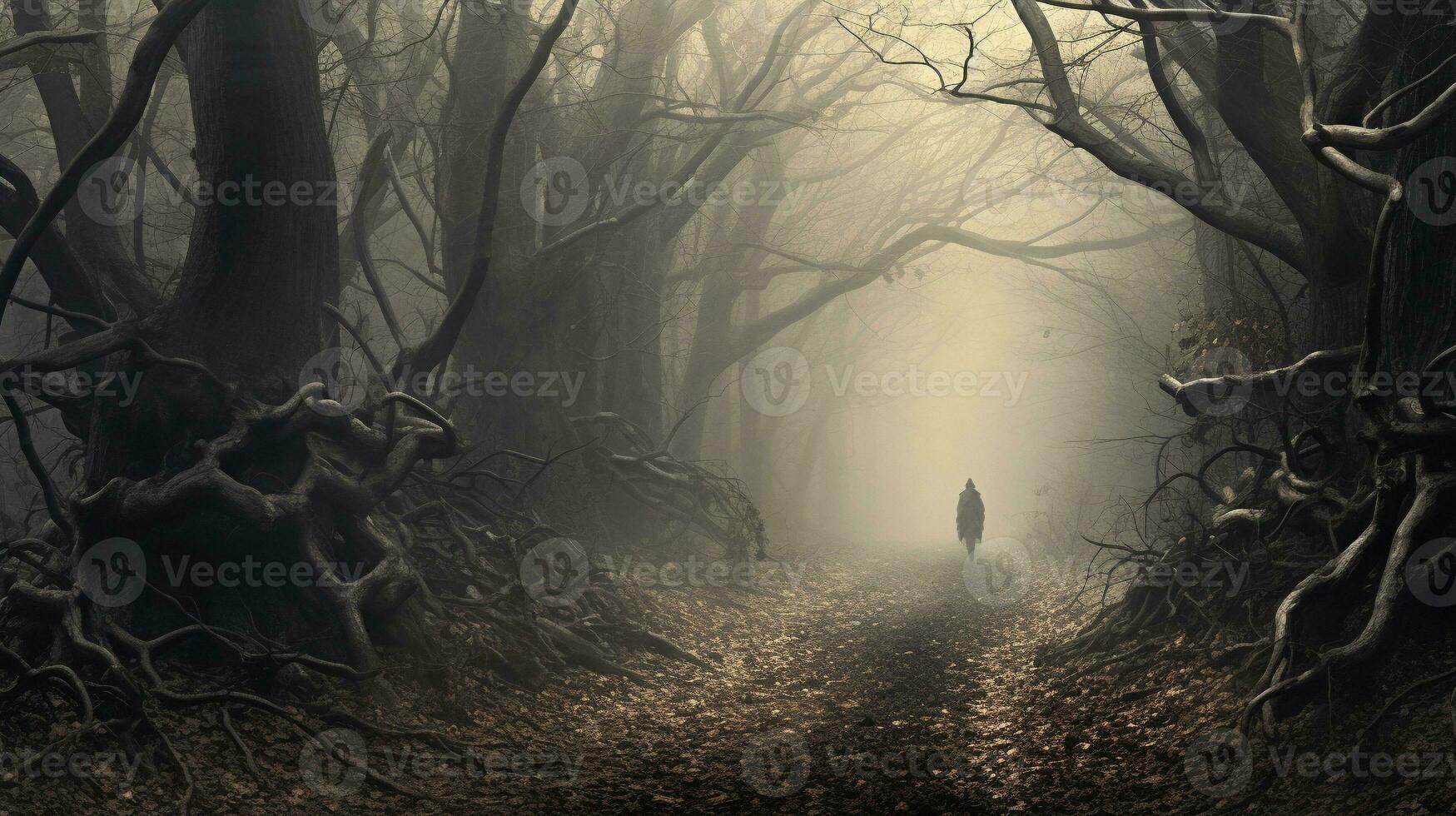 Ethereal Journey Ghostly Figures in the Misty Forest, AI Generative photo