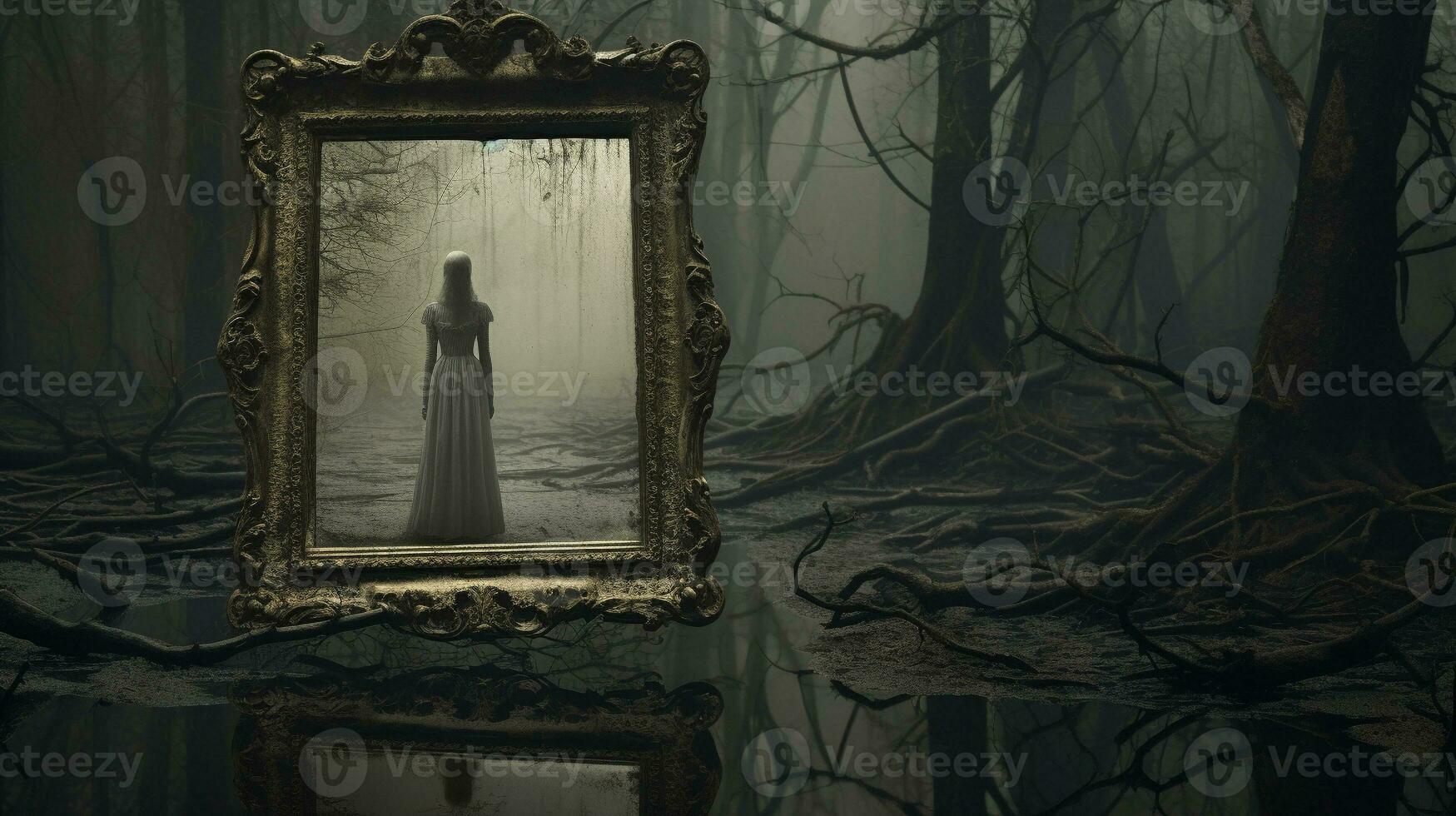 Eerie Reflection Gazing into the Haunted Antique Mirror, AI Generative photo