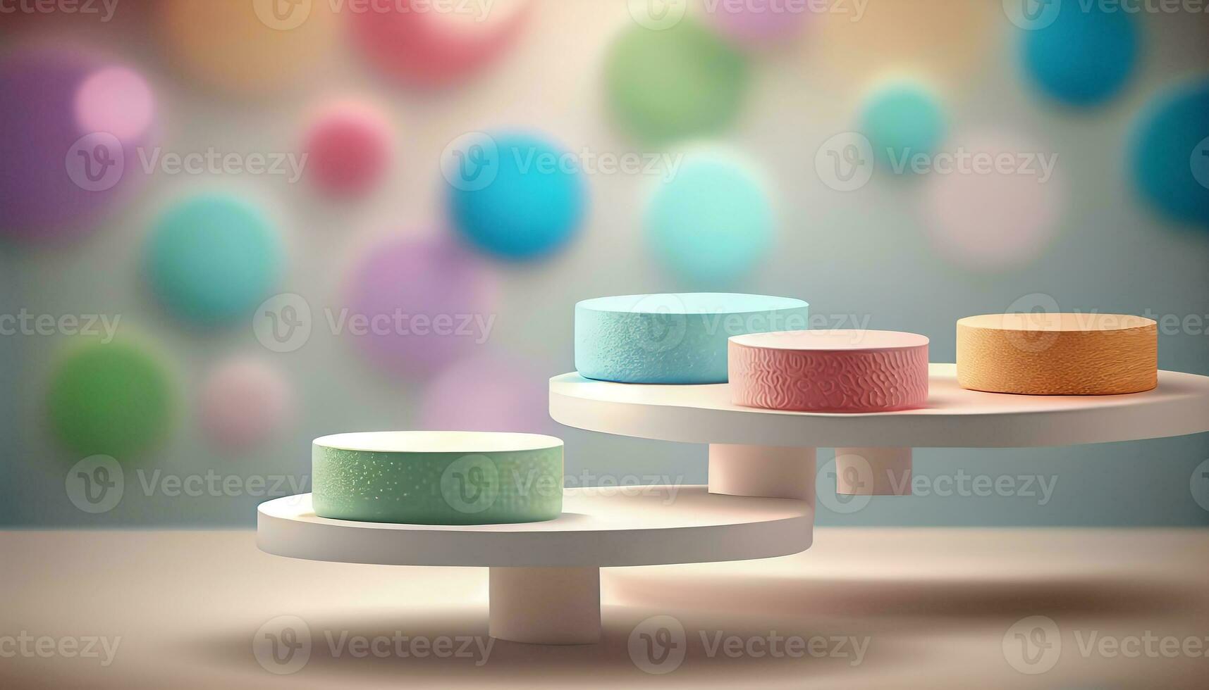 Generative AI, Product Display Stand on Soft Pastel Bokeh Background for Presenting and Showcasing Any Product with Style and Elegance photo