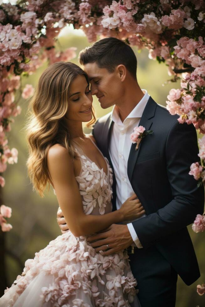 contento recién casados besos debajo un hermosa floral arco foto