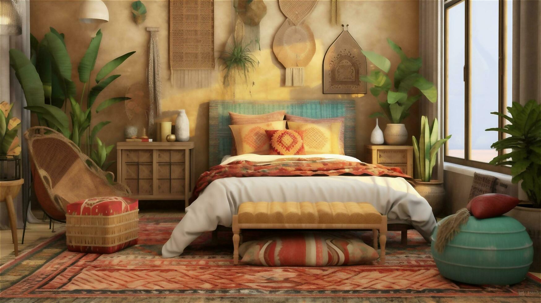 Generative AI, Bohemian Dream A Colorful and Eclectic Bedroom Design photo