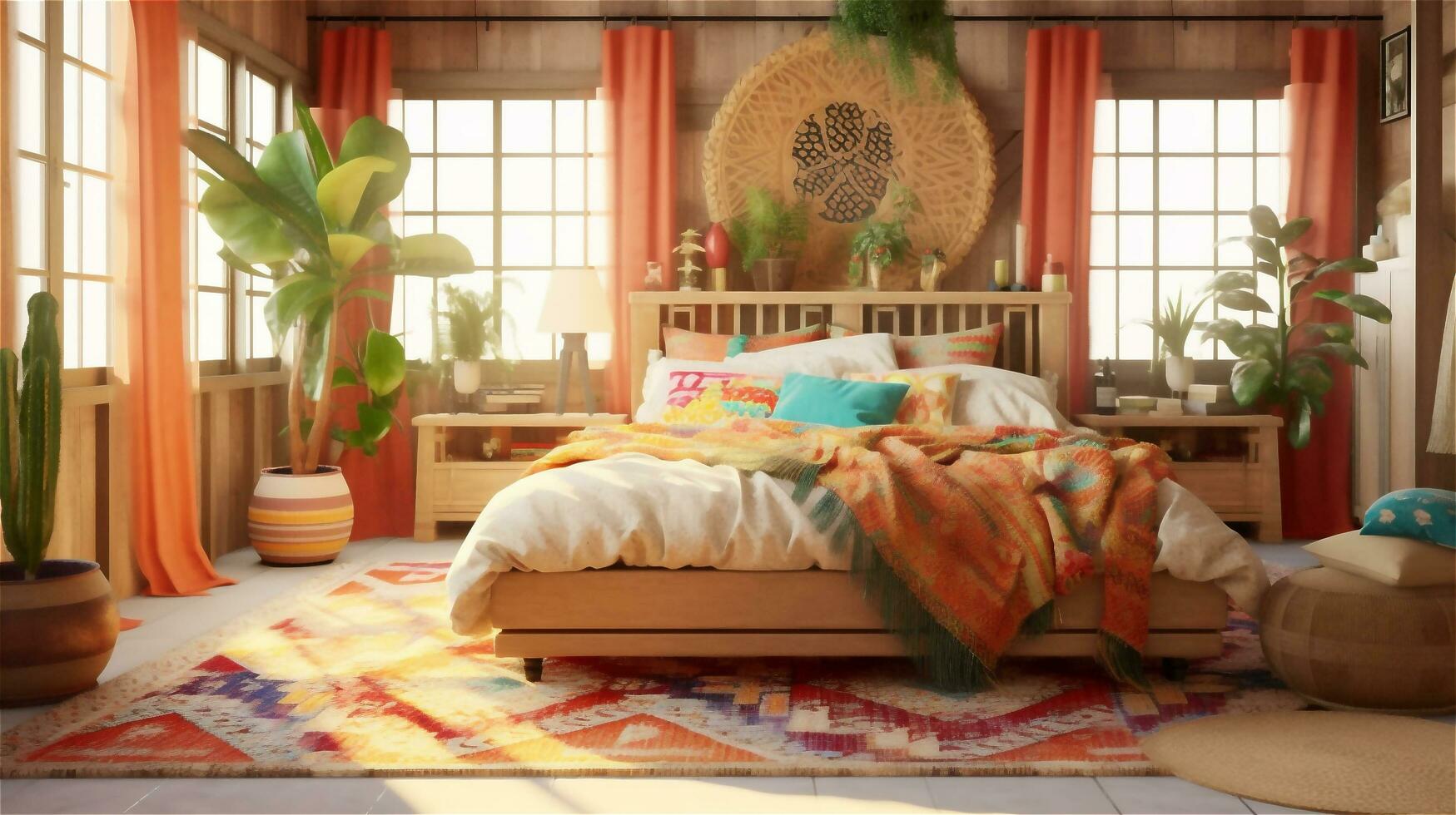 Generative AI, Bohemian Dream A Colorful and Eclectic Bedroom Design photo