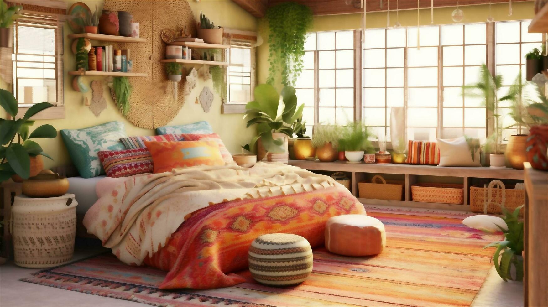 Generative AI, Bohemian Dream A Colorful and Eclectic Bedroom Design photo