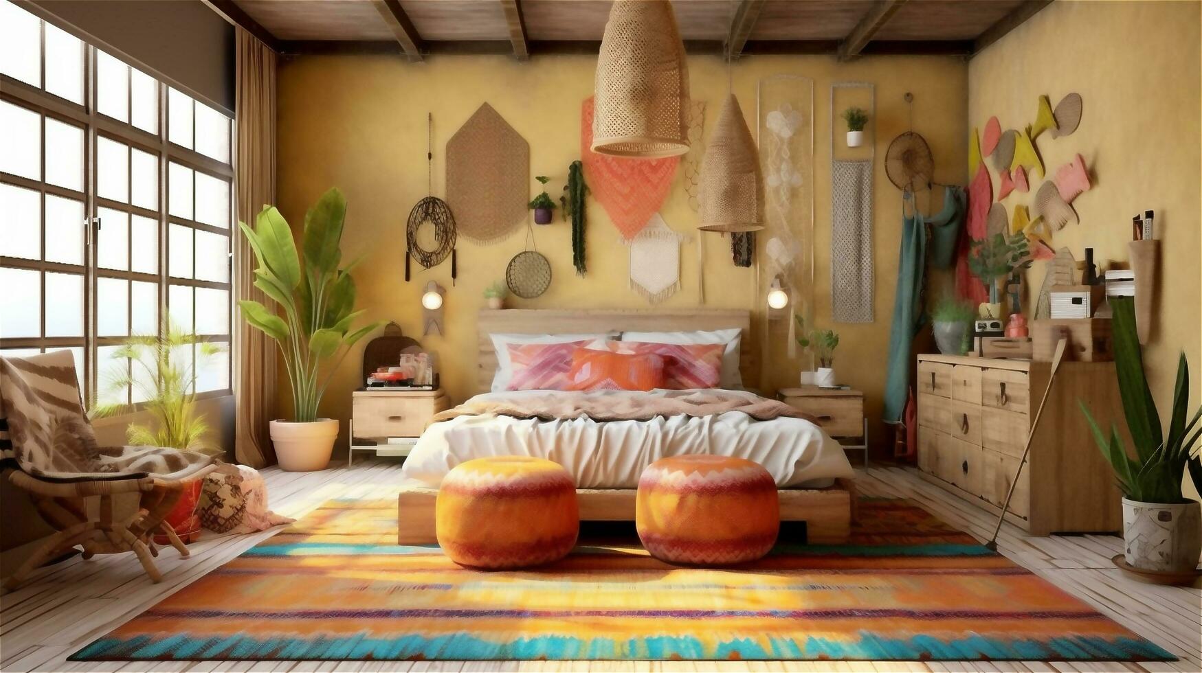 Generative AI, Bohemian Dream A Colorful and Eclectic Bedroom Design photo