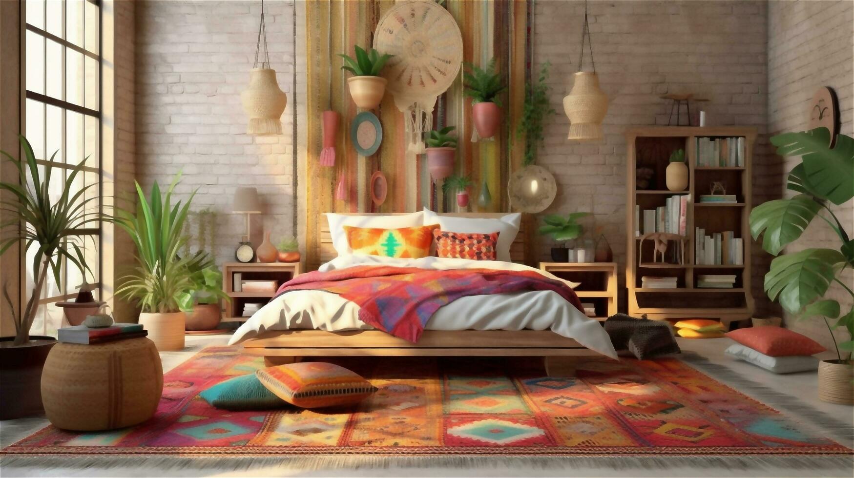 Generative AI, Bohemian Dream A Colorful and Eclectic Bedroom Design photo