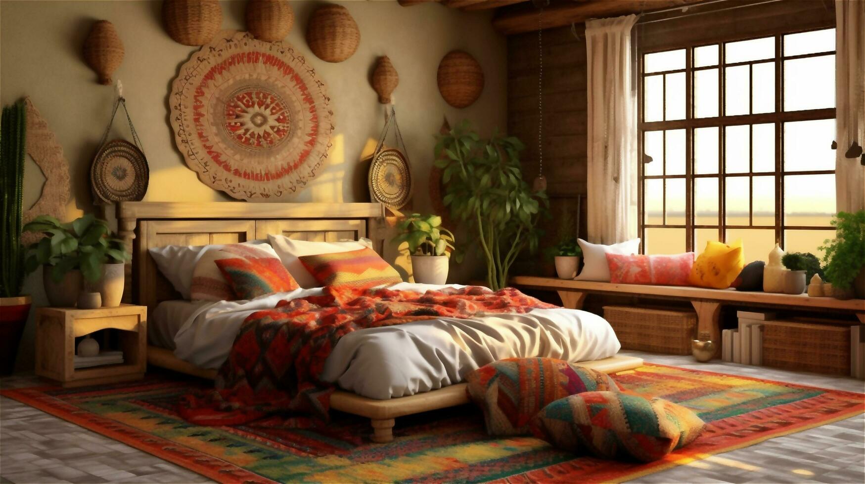 Generative AI, Bohemian Dream A Colorful and Eclectic Bedroom Design photo