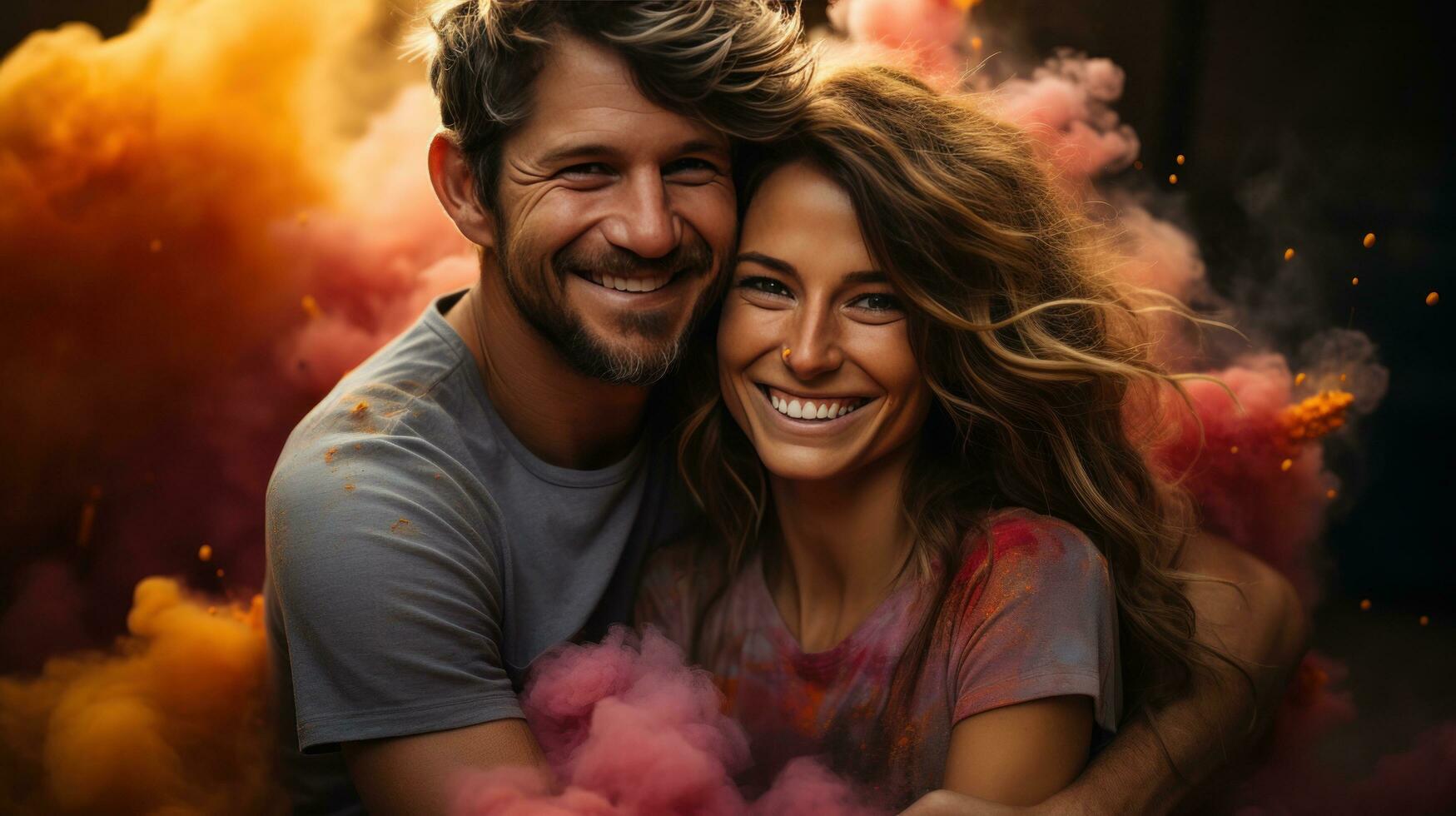 Fun and playful couple posing with colorful smoke bombs photo