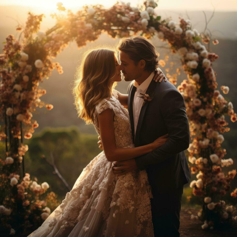 contento recién casados besos debajo un hermosa floral arco foto