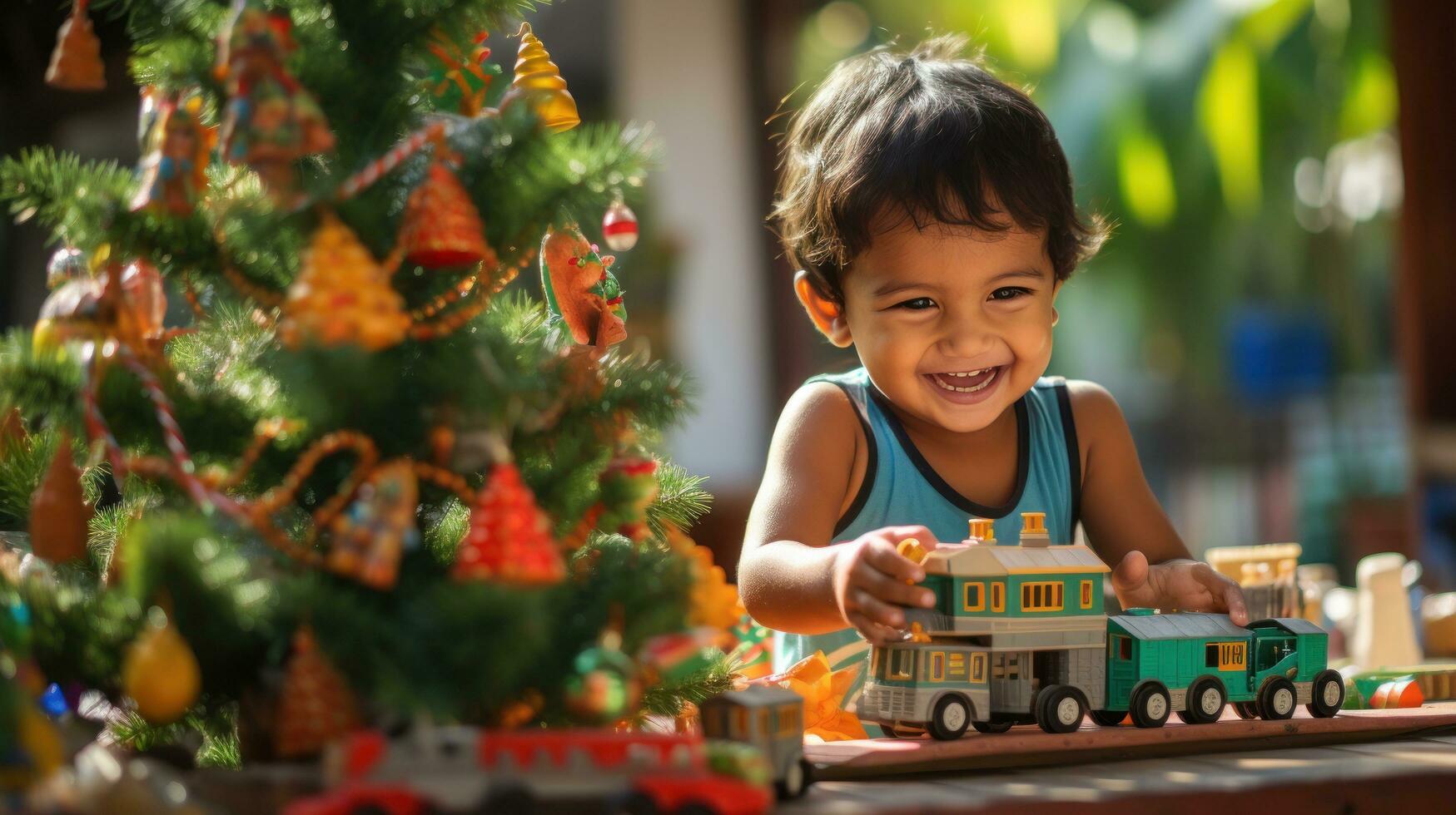 child plays with toy train sitteng ubder christma tree photo