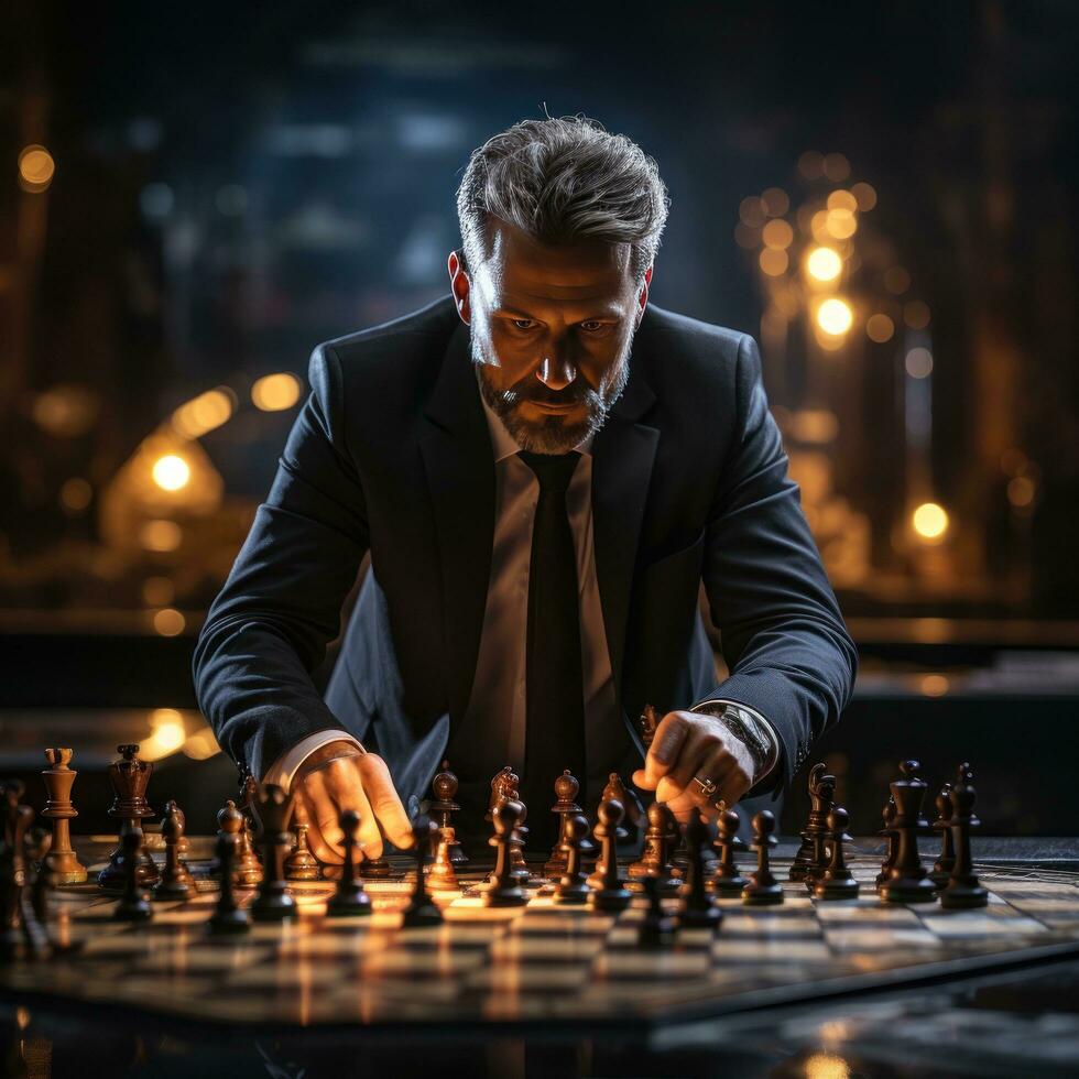 A photograph featuring a businessman strategically moving a chess piece on a board game photo