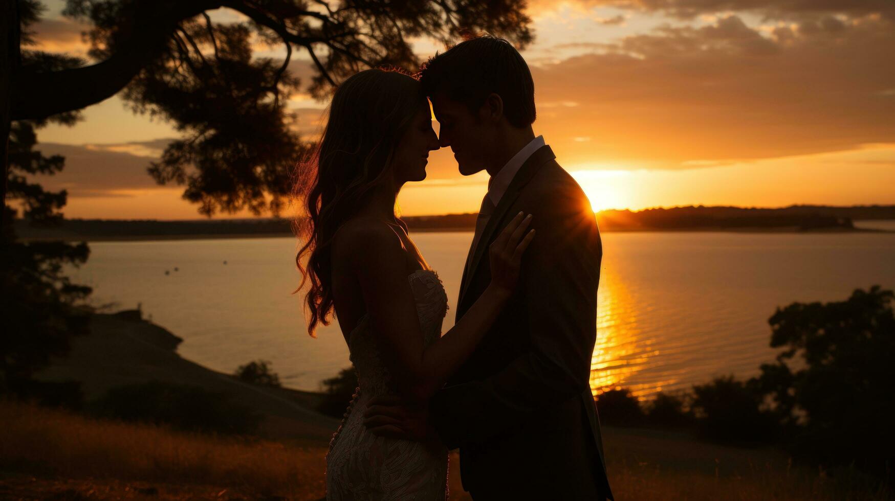 Stunning sunset photo of the couple sharing a passionate kiss