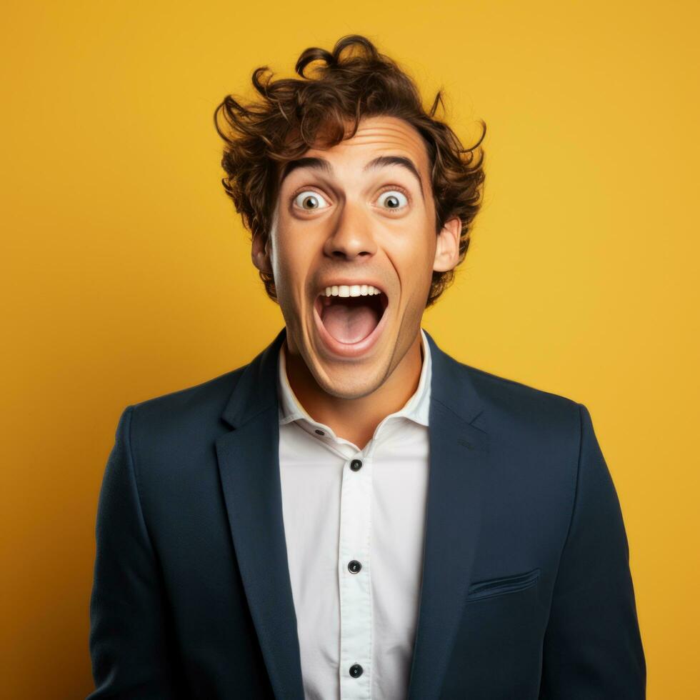 Excited and Surprised Young manager expresses his excitement and surprise by opening his eyes and mouth wide photo
