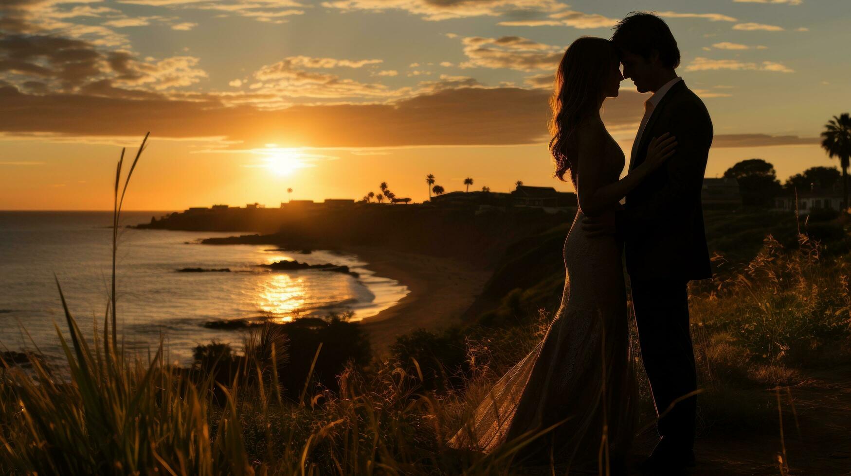 maravilloso puesta de sol foto de el Pareja compartiendo un apasionado Beso