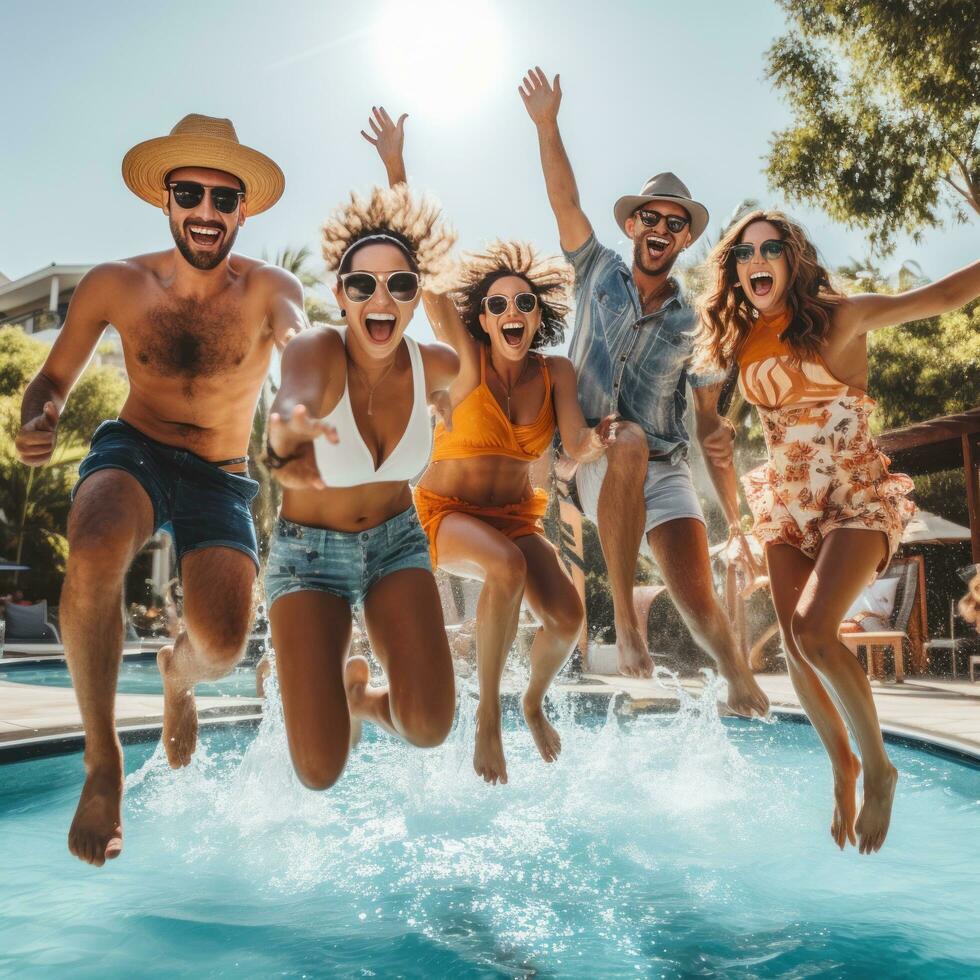 A group of friends jumping into the pool, captured in mid-air photo