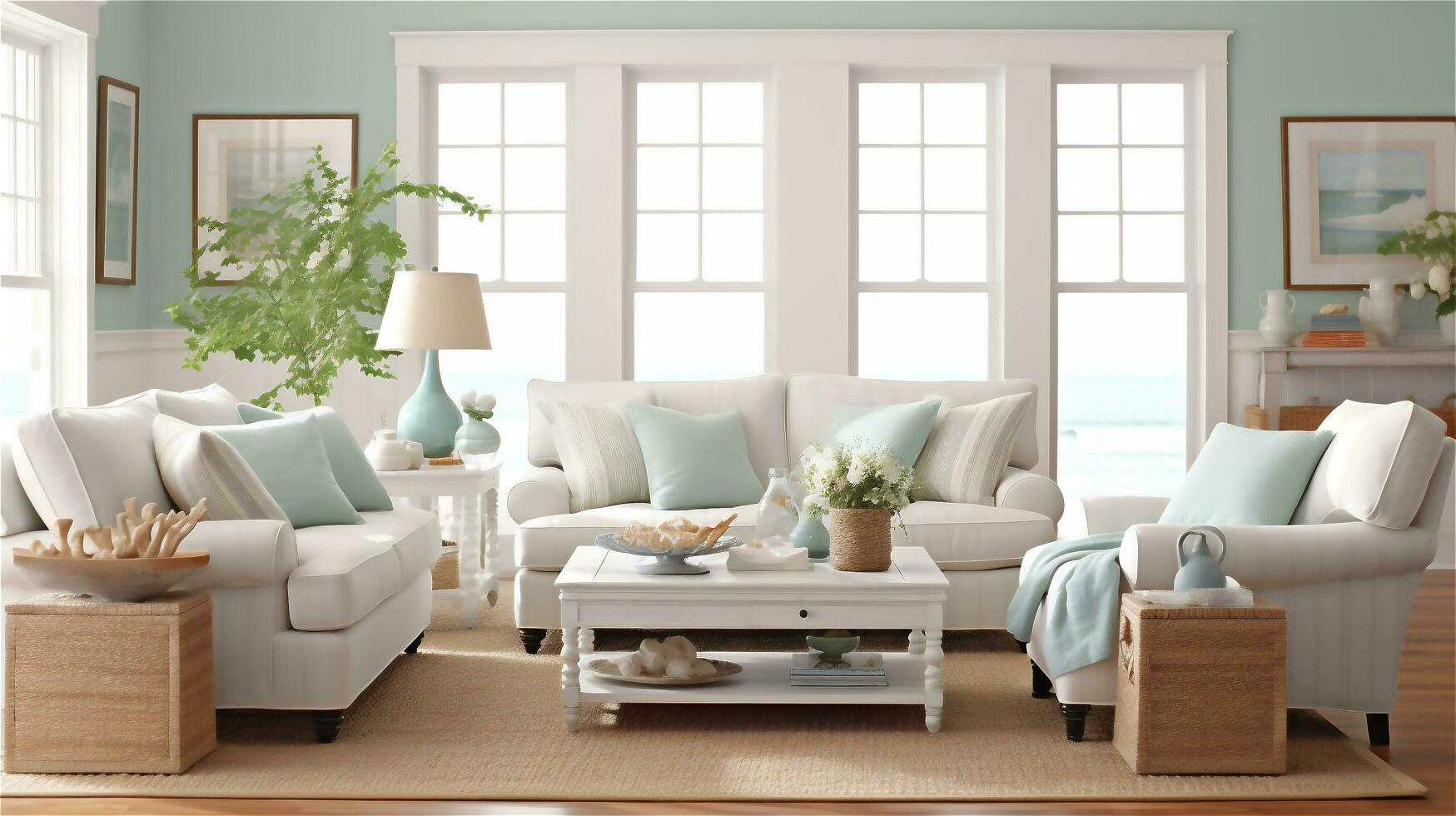 Generative AI, Seaside Serenity Coastal Living Room Design photo