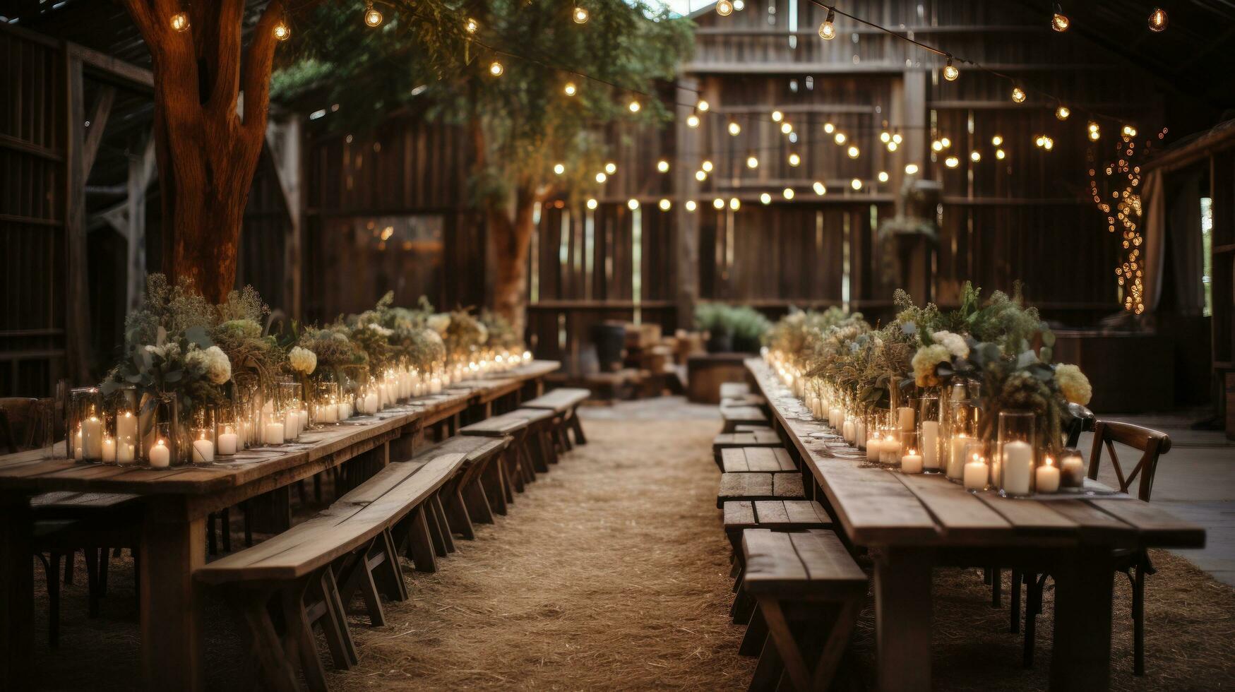 Rustic barn venue adorned with string lights and greenery photo