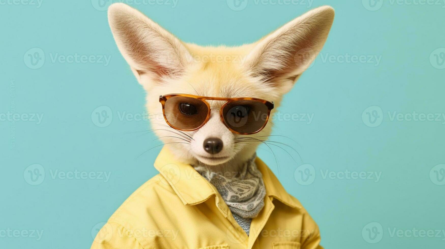 generativo ai, frio fennec elegante Gafas de sol en pastel patio de recreo foto