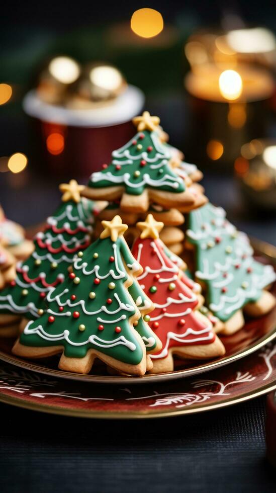 Colorful sugar cookies shaped like Christmas trees and reindeer photo