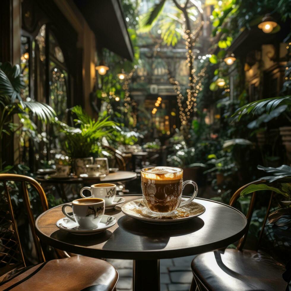 An Aesthetic Studio Coffee Shop Interior Featuring a Coffee Cup and Plant A coffee cup and plant on a table photo