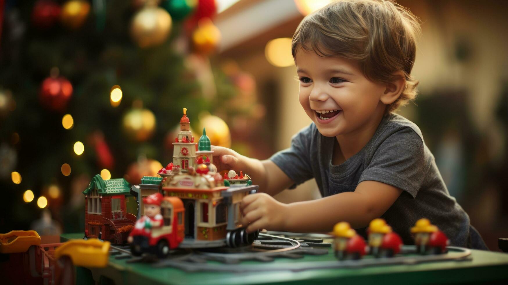 child plays with toy train sitteng ubder christma tree photo