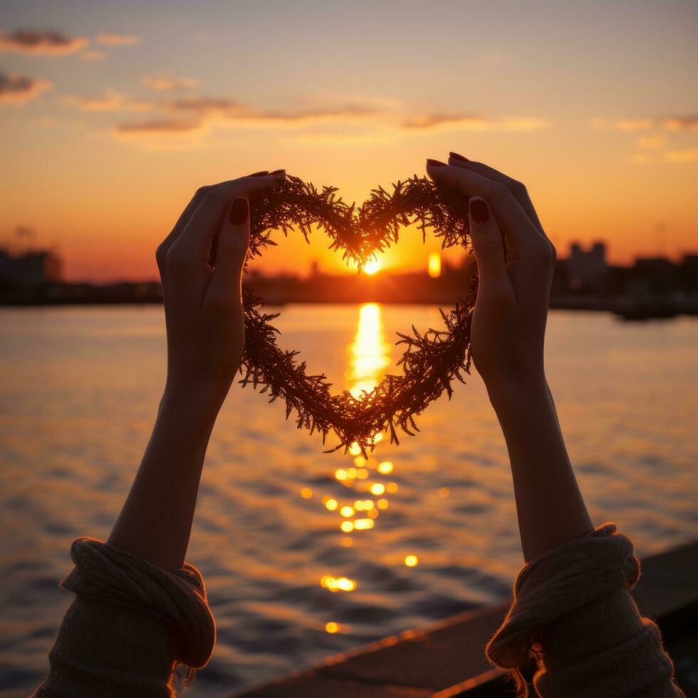 Silhouette of hands forming heart shape with sunset backround photo