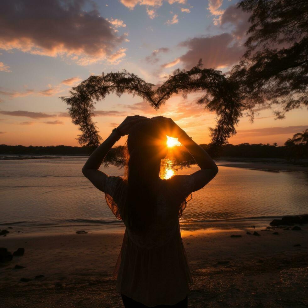 silueta de manos formando corazón forma con puesta de sol fondo foto