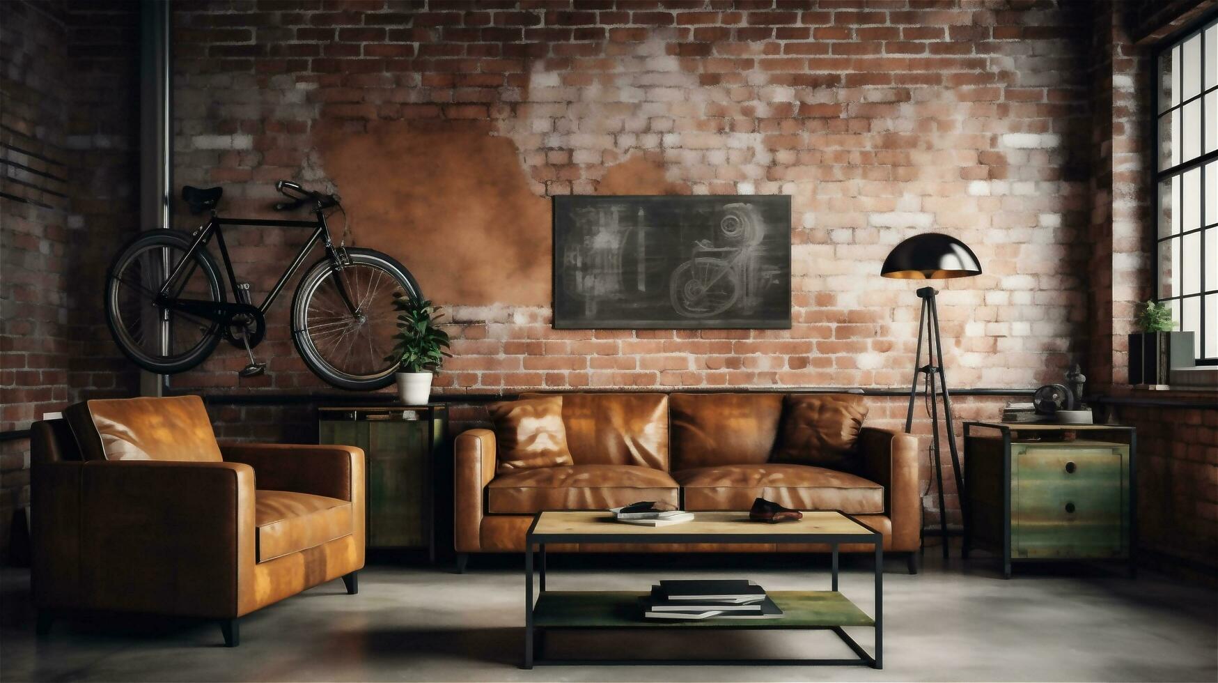 Generative AI, Industrial Living Room Exposed Brick, Concrete, and Metal Accents photo