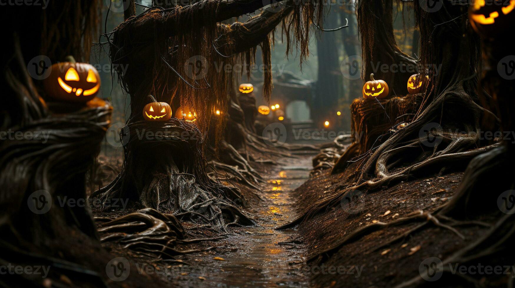 Jack-o'-lanterns en un escalofriante bosque, generativo ai foto
