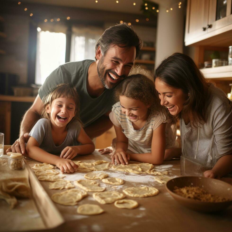 Family bonding over rolling out dough and using cookie cutters photo