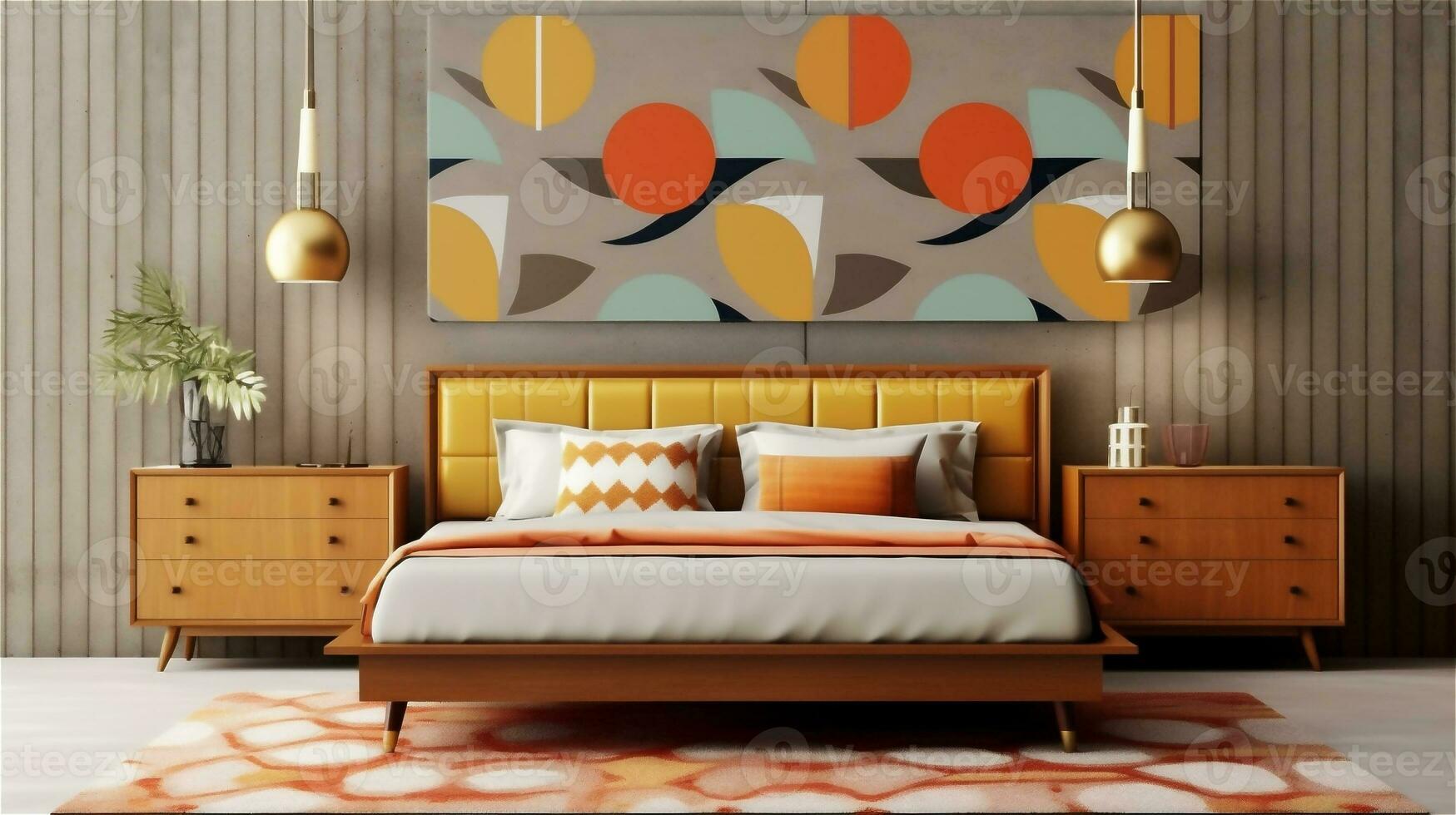 Generative AI, Mid-Century Modern Bedroom Design photo