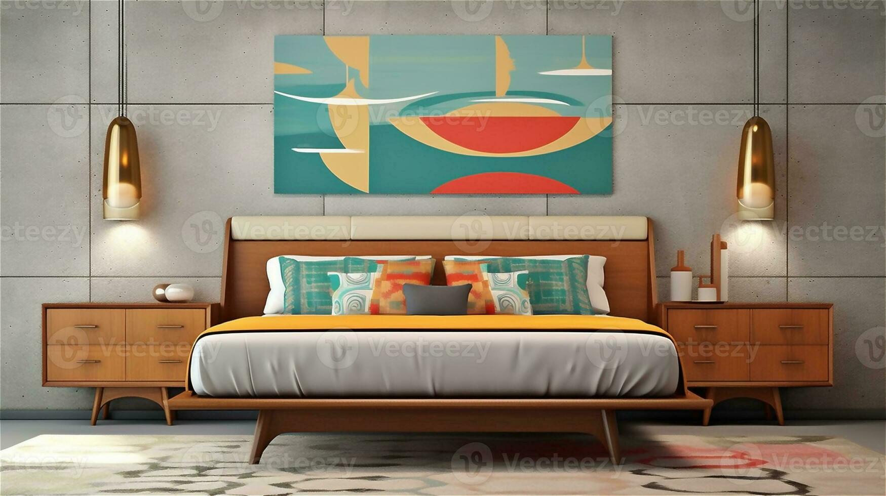 Generative AI, Mid-Century Modern Bedroom Design photo