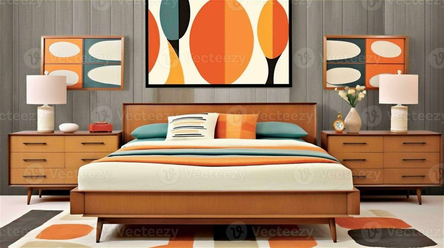 Generative AI, Mid-Century Modern Bedroom Design photo