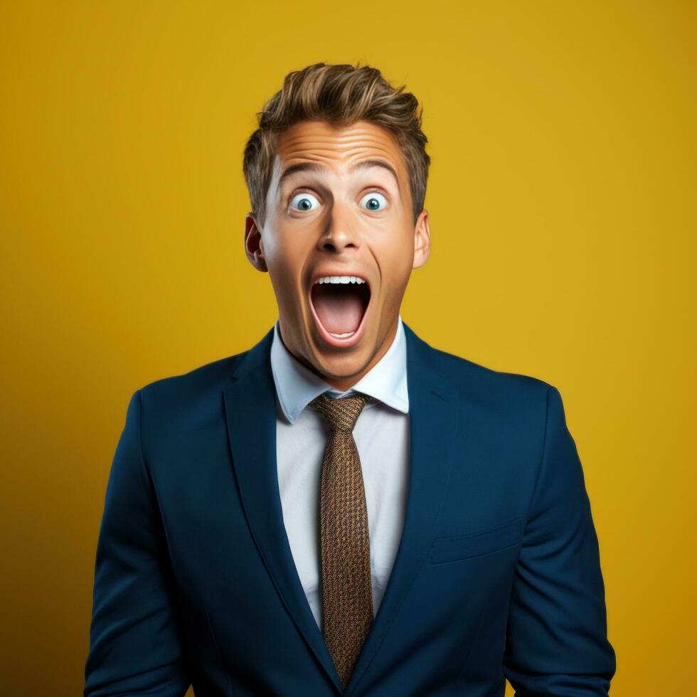 Excited and Surprised Young manager expresses his excitement and surprise by opening his eyes and mouth wide photo