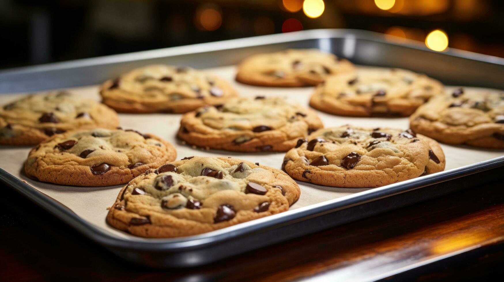 Delicious chocolate chip cookies fresh from the oven on a tray photo