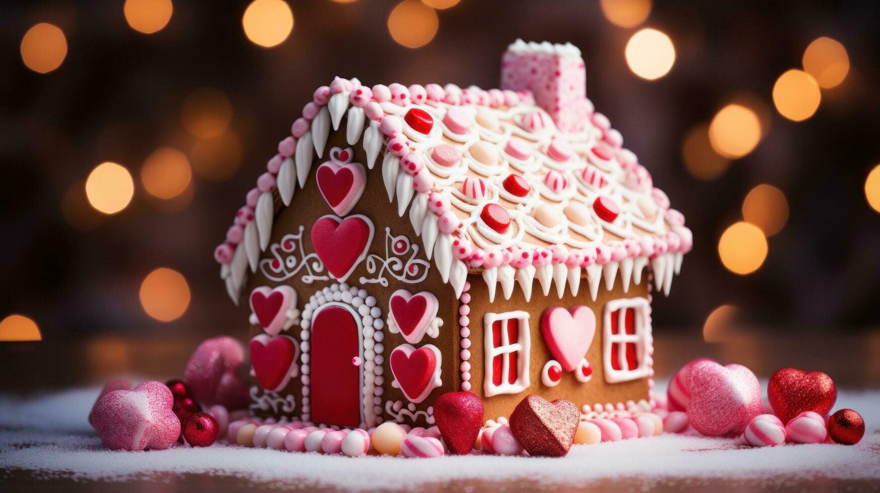 Festive gingerbread house with candy canes and icing decorations photo