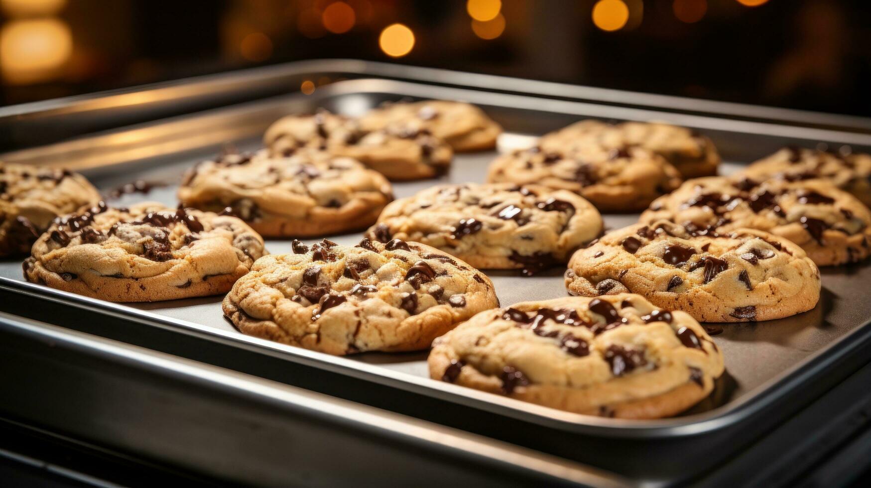 Delicious chocolate chip cookies fresh from the oven on a tray photo