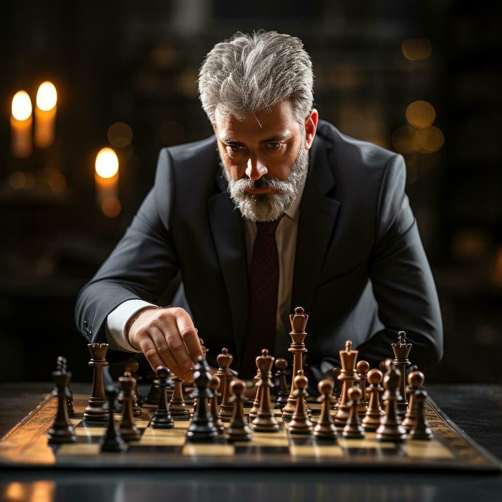 A photograph featuring a businessman strategically moving a chess piece on a board game photo