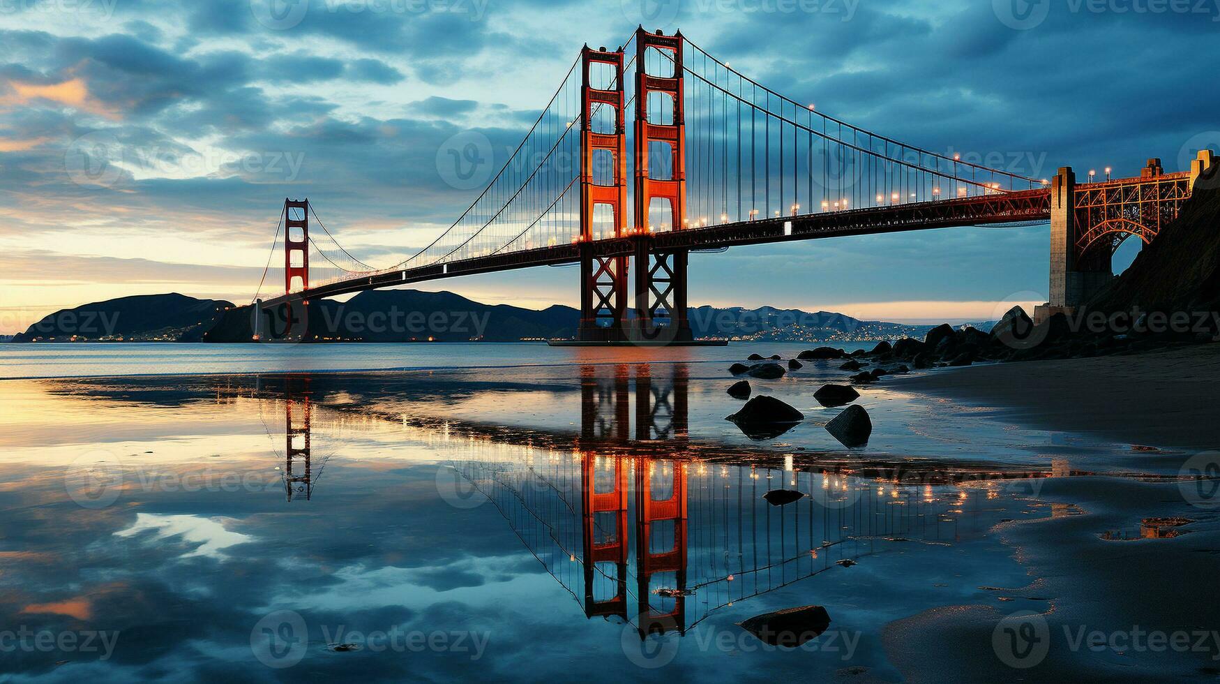 Luminous Reflections Nighttime Glow of a Famous Bridge, Generative AI photo