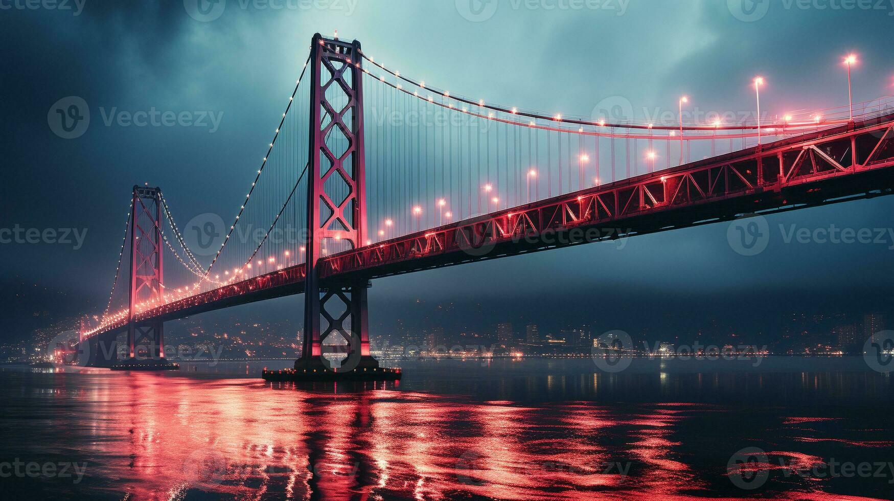 Luminous Reflections Nighttime Glow of a Famous Bridge, Generative AI photo