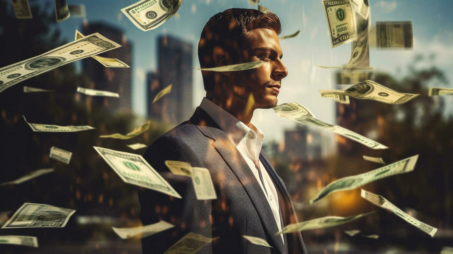 Businessman Amidst a Tapestry of International Banknotes, AI Generative photo