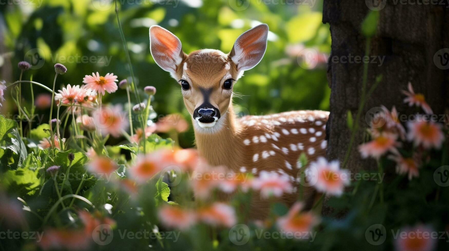 Enchanted Encounter Fawn Among Blossoms, AI Generative photo