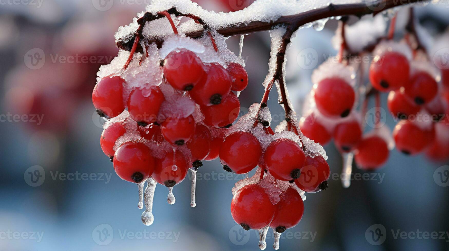 Frozen Berries A Vibrant Contrast in a Winter Wonderland, AI Generative photo