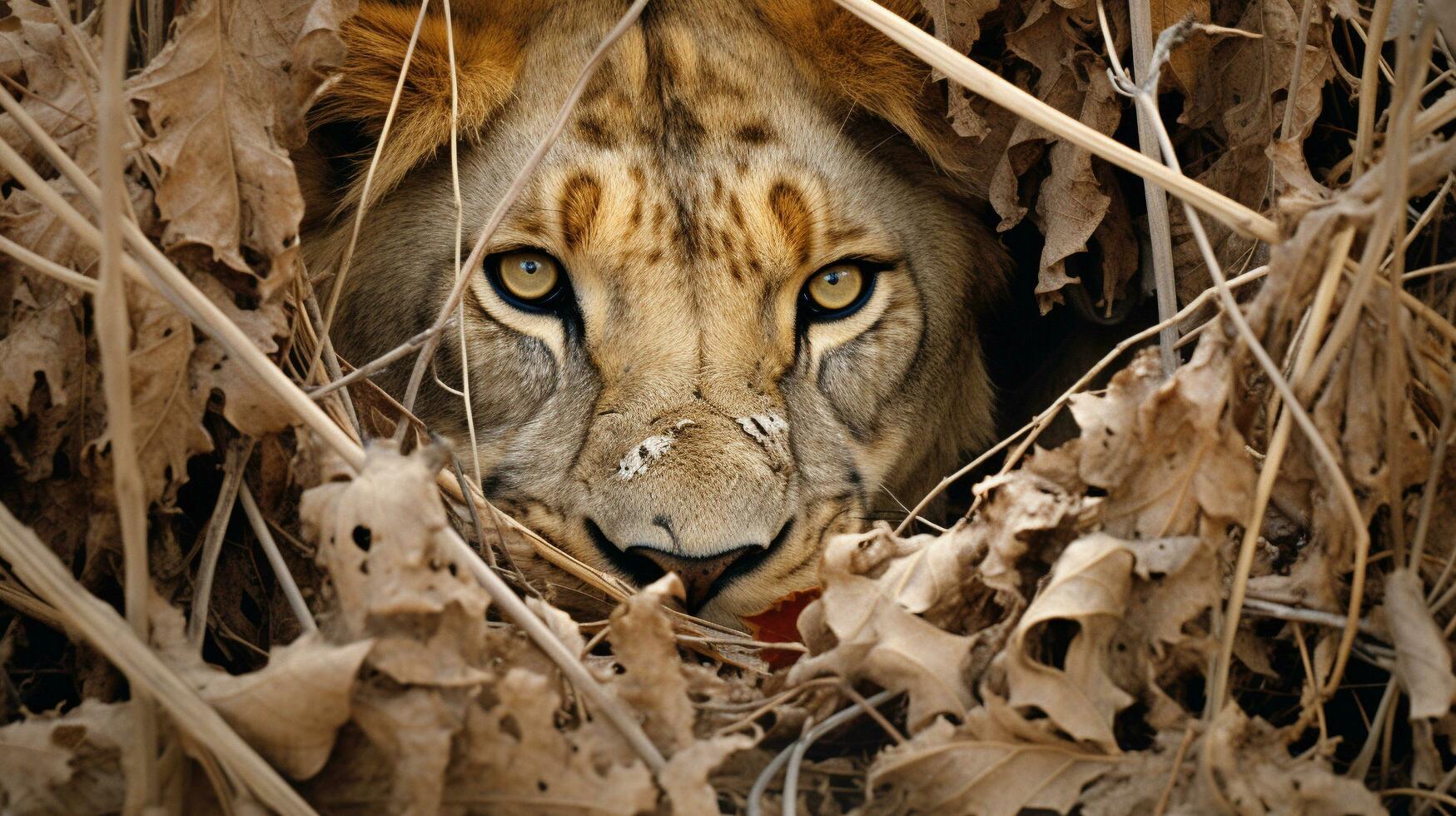 Mastery of Concealment The Lion's Camouflage, AI Generative photo