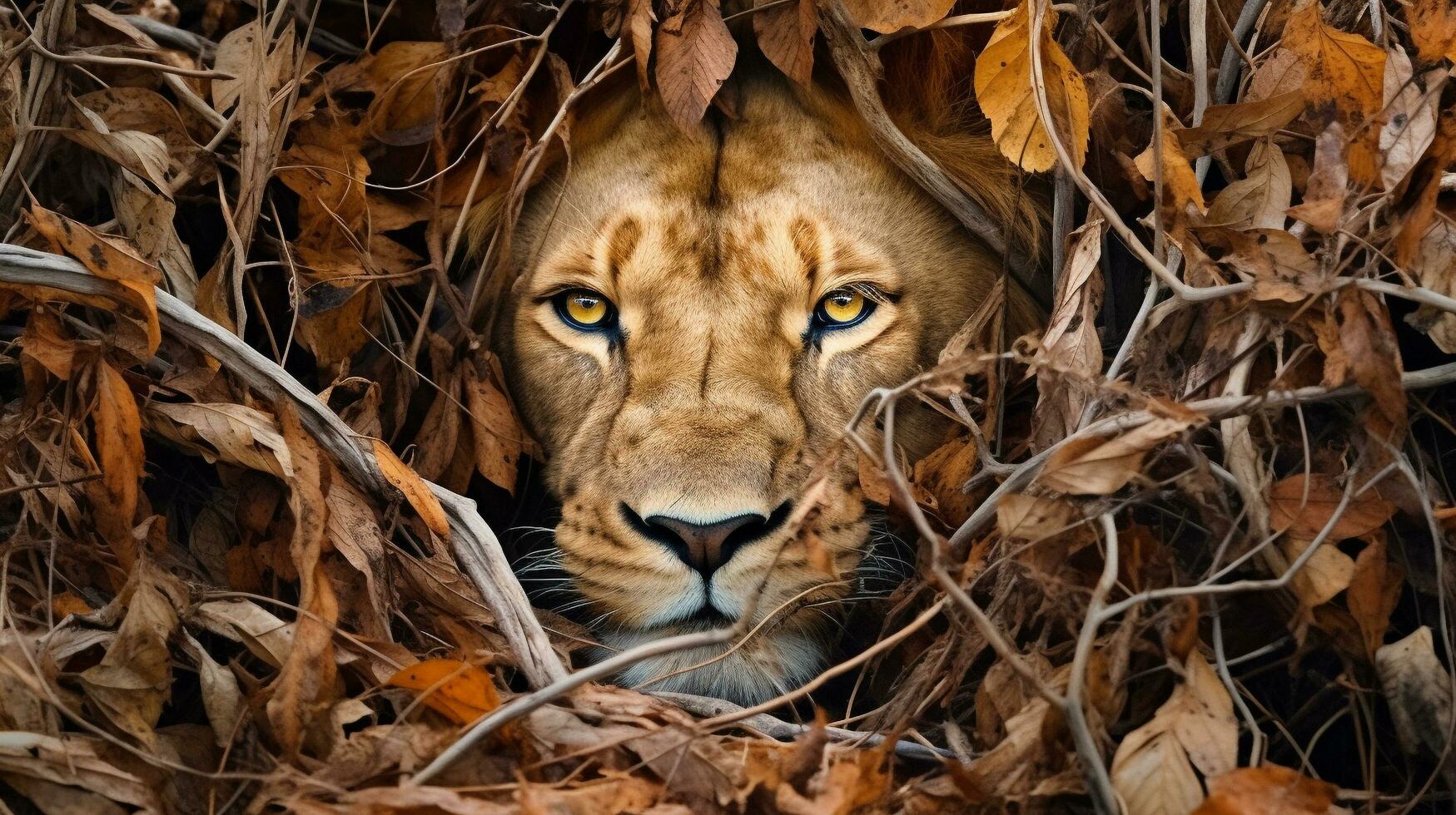 Mastery of Concealment The Lion's Camouflage, AI Generative photo