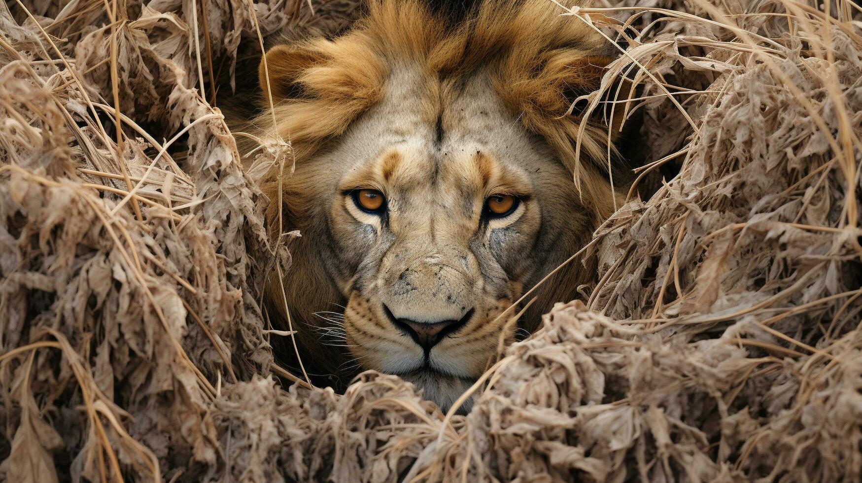 Mastery of Concealment The Lion's Camouflage, AI Generative photo