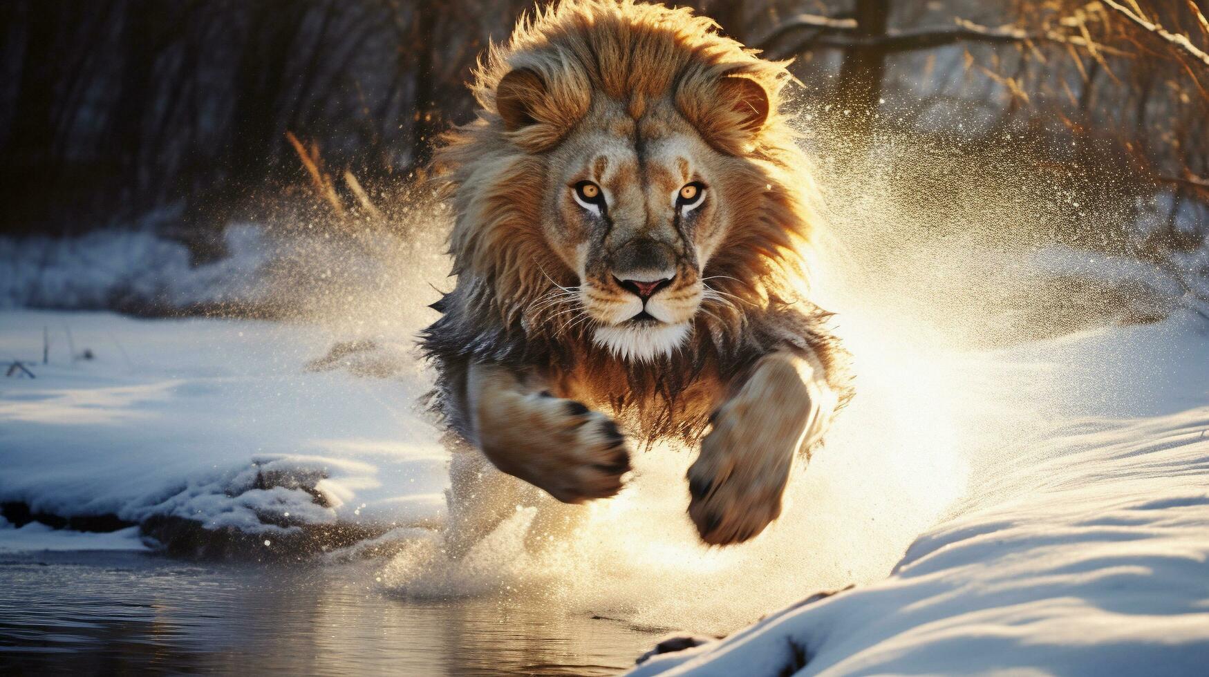 Leap of Majesty Lion Soaring Over a Stream, AI Generative photo